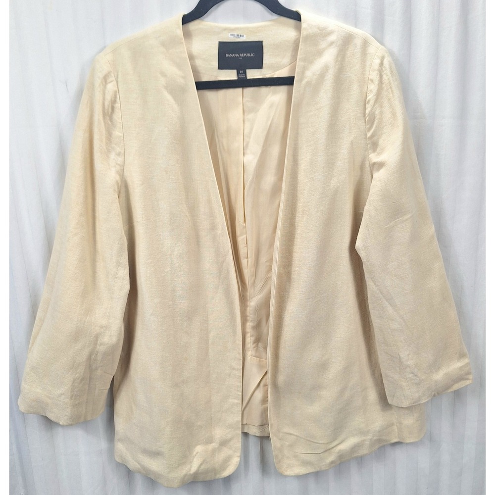 Banana Republic Womens 14 Cream Linen Rayon Collarless Open Front Blazer Jacket‎